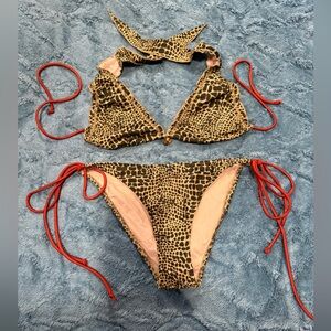 Leopard Print Tie Bikini with Red String Accents